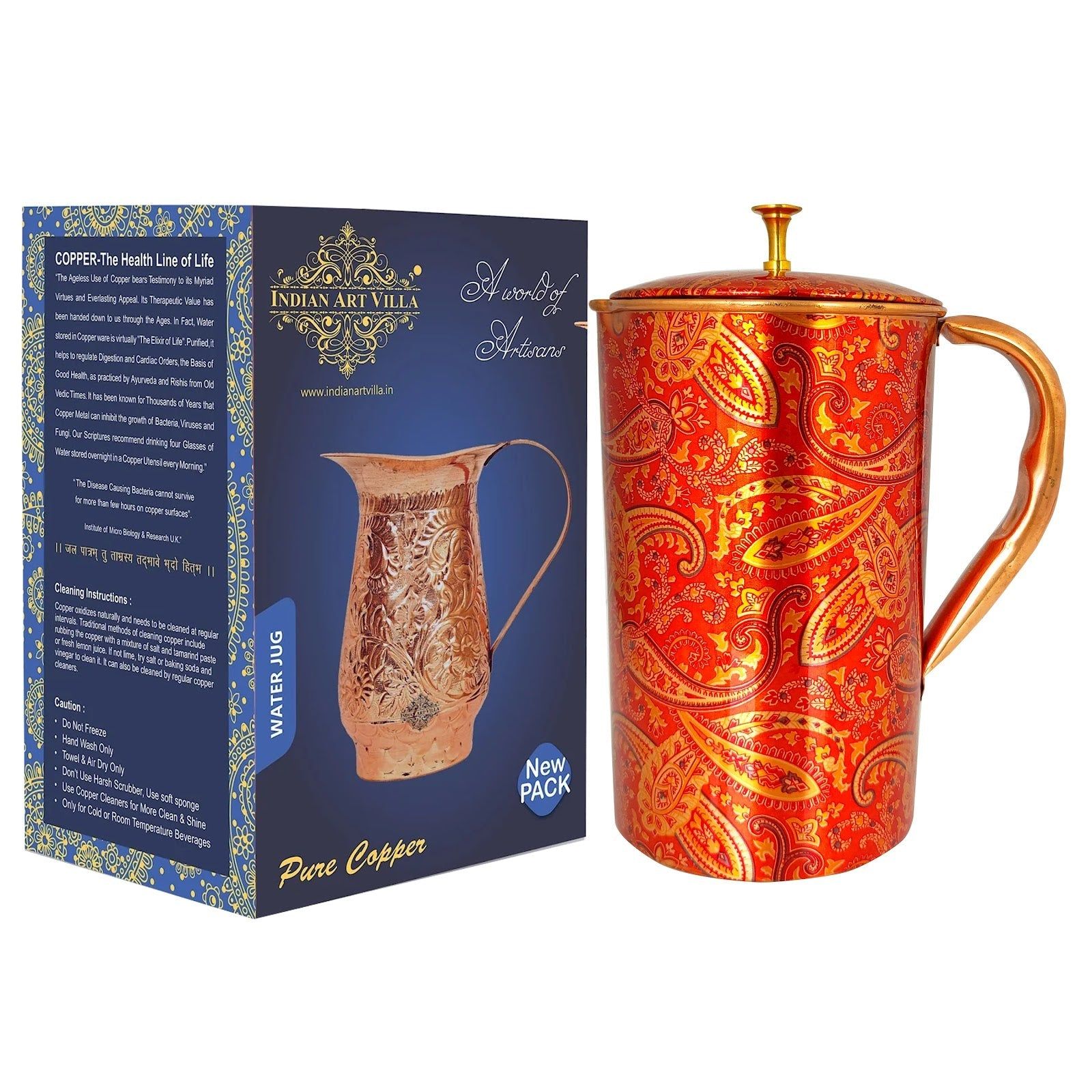 Pure copper paisley printed design jug with brass knob on lid paisley, 1500 ML